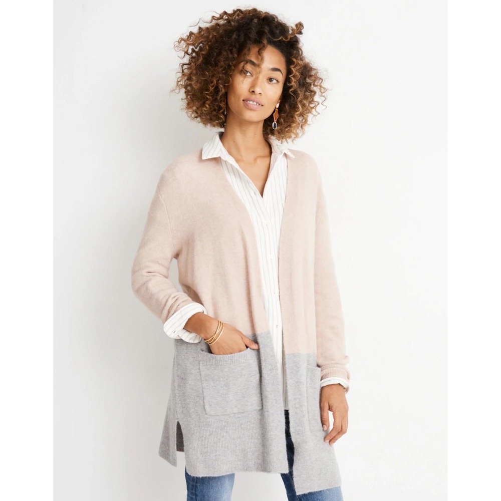 Madewell Kent Color block Cardigan Large Heather Beige Wool Alpaca Coziest Yarn